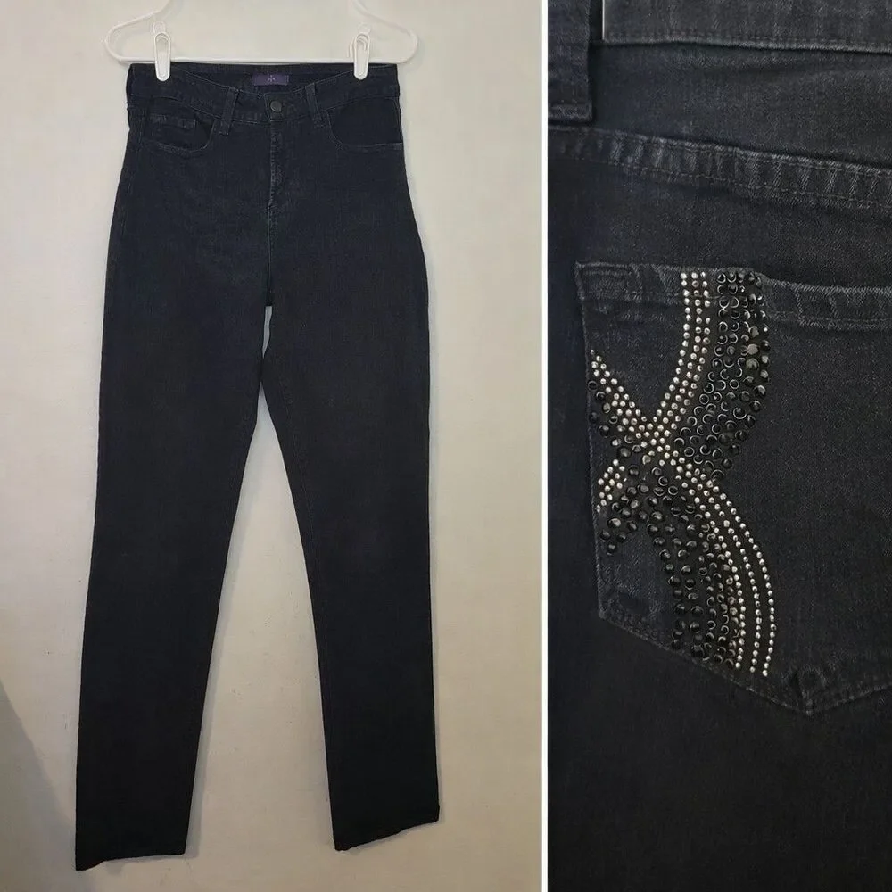 NYJD Black Denim Jeans Womens Size 4 Lift Tuck Rhinestone Pockets USA